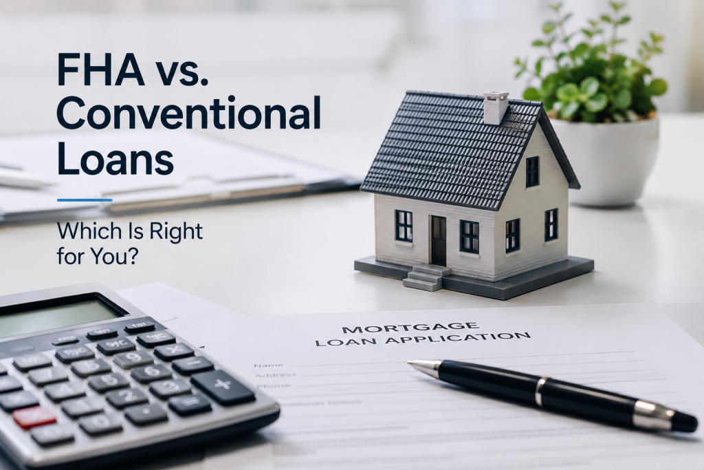 FHA vs. Conventional Loans comparison with mortgage application, calculator, and model house.