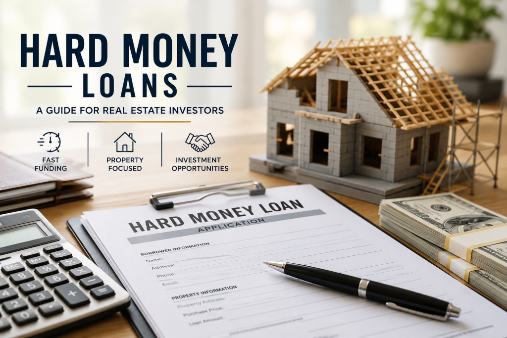 Real estate investor reviewing hard money loan documents with house model and calculator.