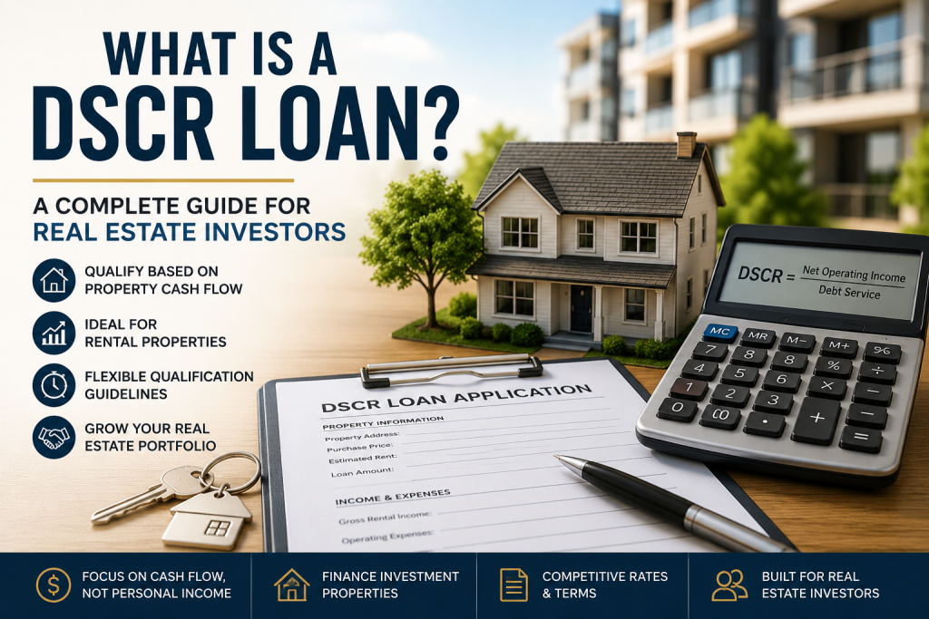 DSCR loan application with rental property documents, calculator, and house model for real estate investors.